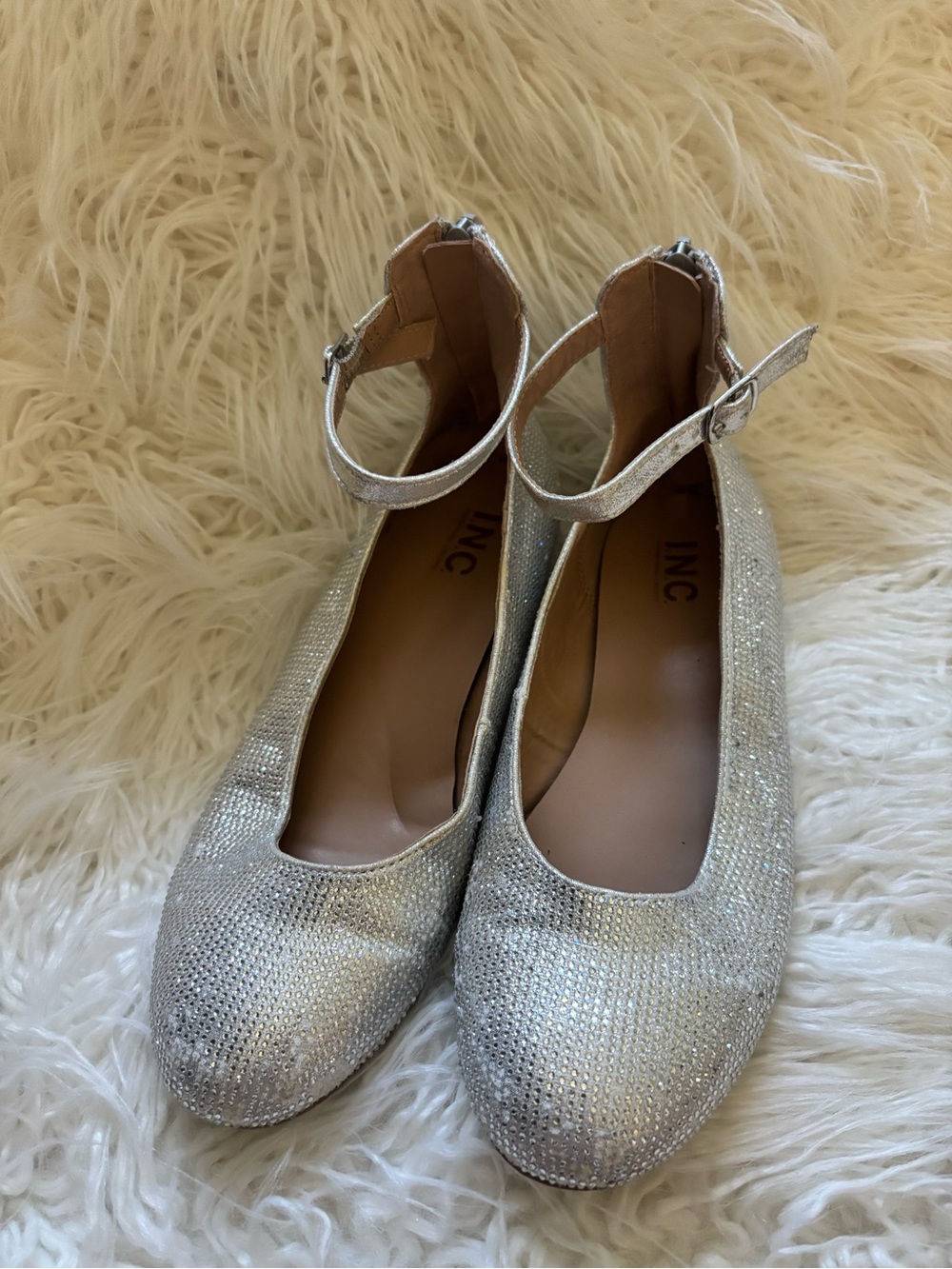 INC International Concepts Sparkling Silver Ankle-Strap Flats